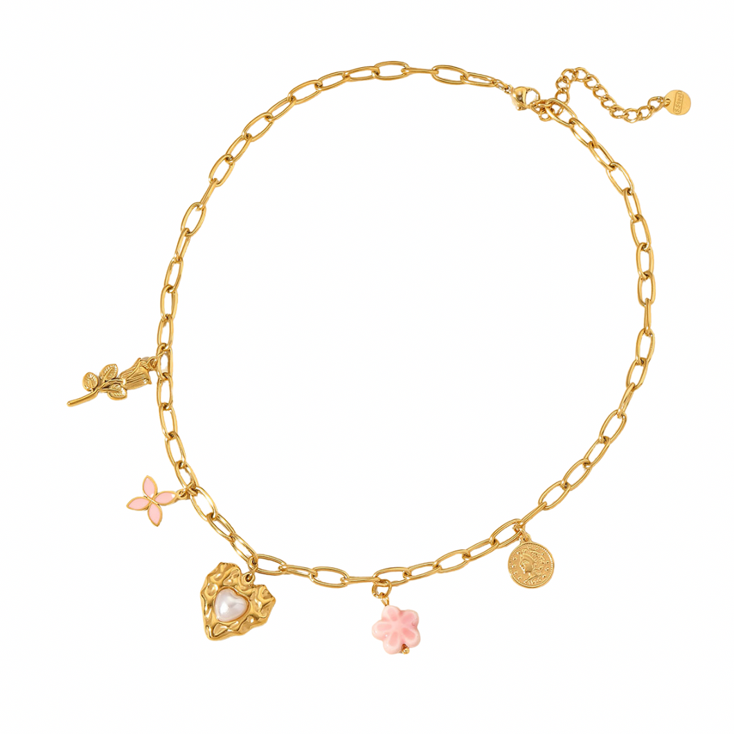 Rosa Charmed Necklace - Stainless Steel 18k Gold Plated